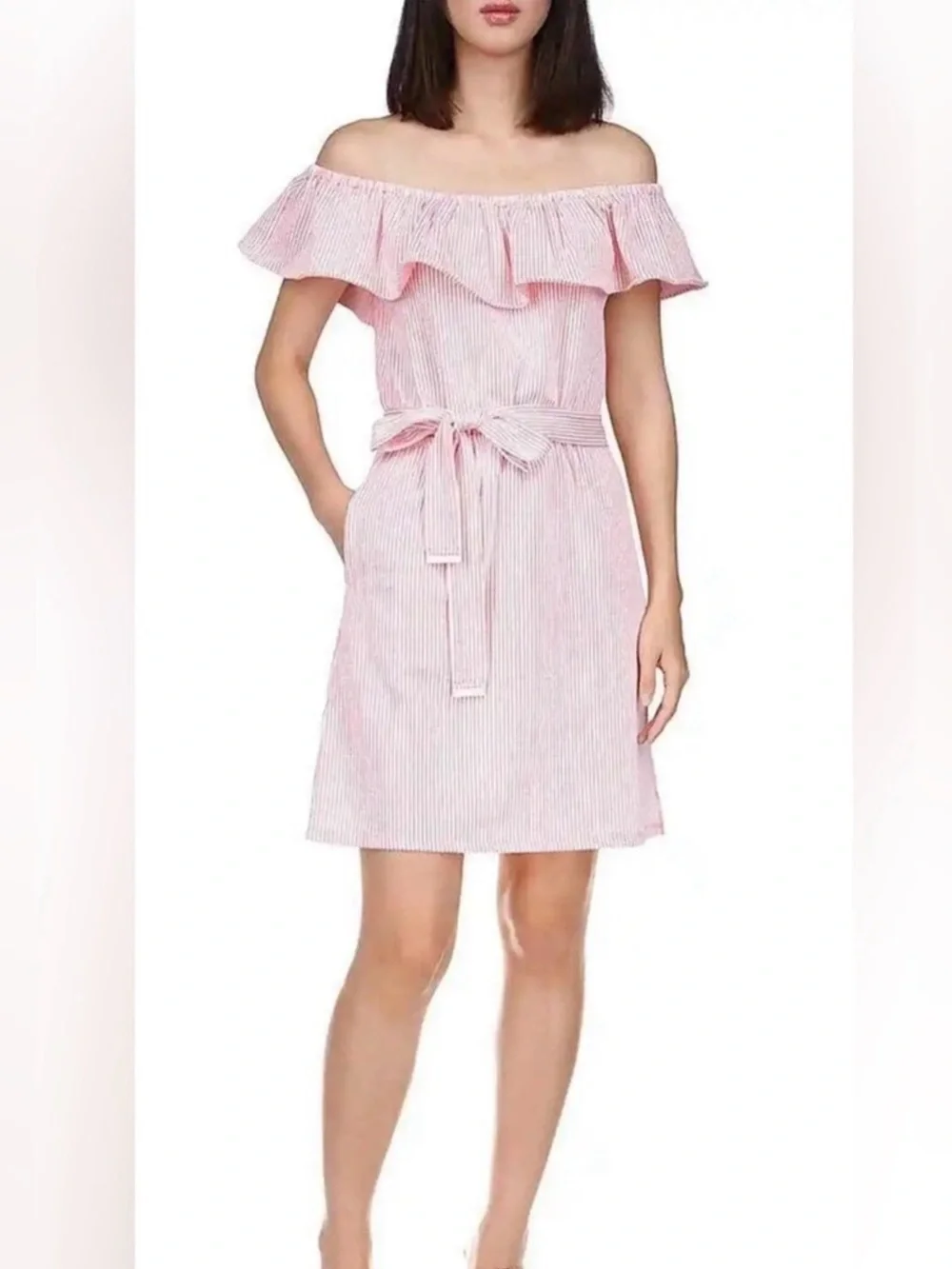 MICHAEL KORS WOMEN'S RUFFLED OFF-THE-SHOULDER MINI DRESS, GRAPEFRUIT SIZE XS